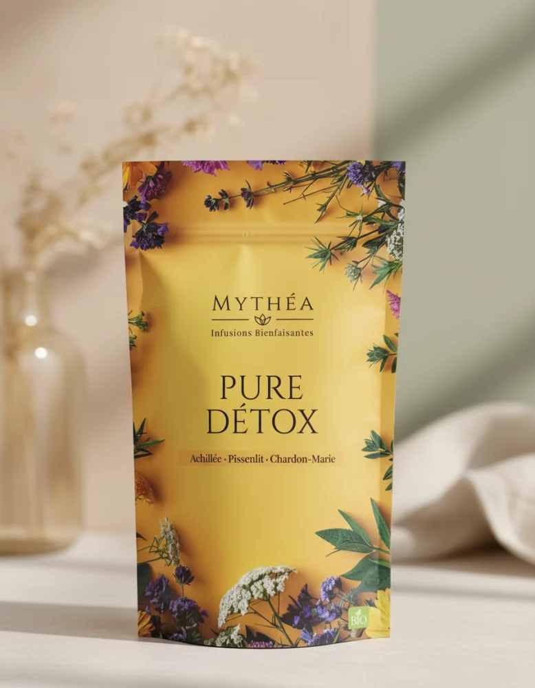 Doypack d’infusion bien-être Pure Détox Mythéa – achillée, pissenlit et chardon-marie