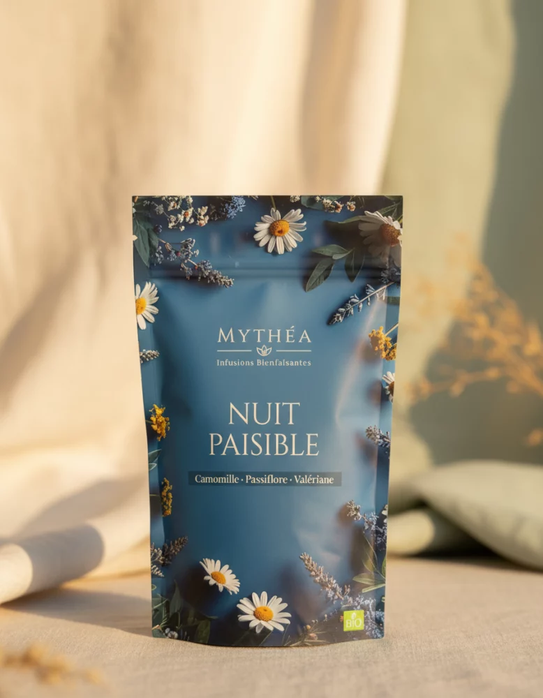 Doypack d’infusion bien-être Nuit Paisible Mythéa – camomille, passiflore et valériane