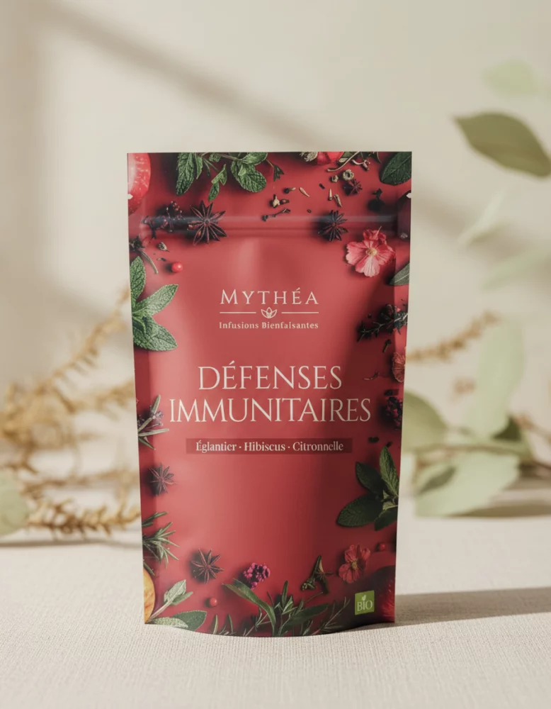 Doypack d’infusion bien-être Défenses Immunitaires Mythéa – églantier, hibiscus et citronnelle